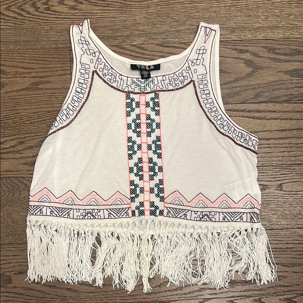 EUC Tela White Blue Crop Embellished Tank Top